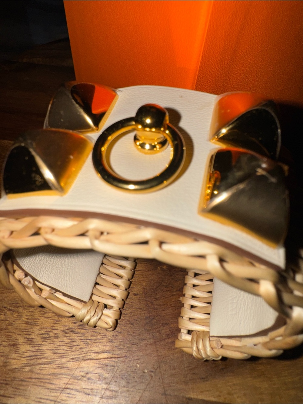 2026 Hermes Picnic White Leather & Natural Wicker Bracelet with Gold Hardware
